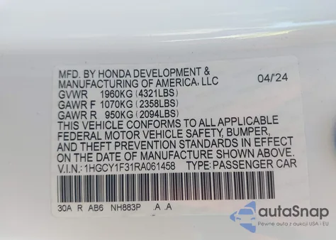 2024 Honda Accord Ex from USA, damaged, VIN 1HGCY1F31RA061458